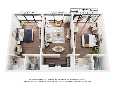 Floor plan for 2 beds, 2 baths, 895 sqft